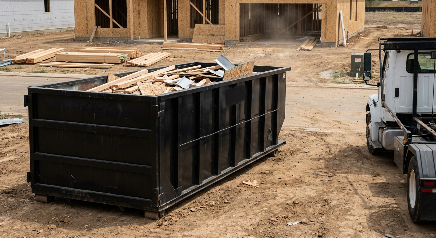 Matte-black 20-yard roll-off construction dumpster with heavy ribbed steel sidewalls and swing rear doors at a working jobsite in Saginaw, sitting directly on compacted dirt with an unmarked white hauler partially visible at the far edge of the frame.