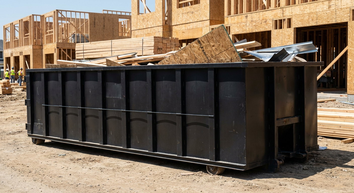 Matte-black 40-yard roll-off construction dumpster being lowered from a white-cab hooklift delivery truck onto the compacted-dirt jobsite at a commercial build site in Saginaw