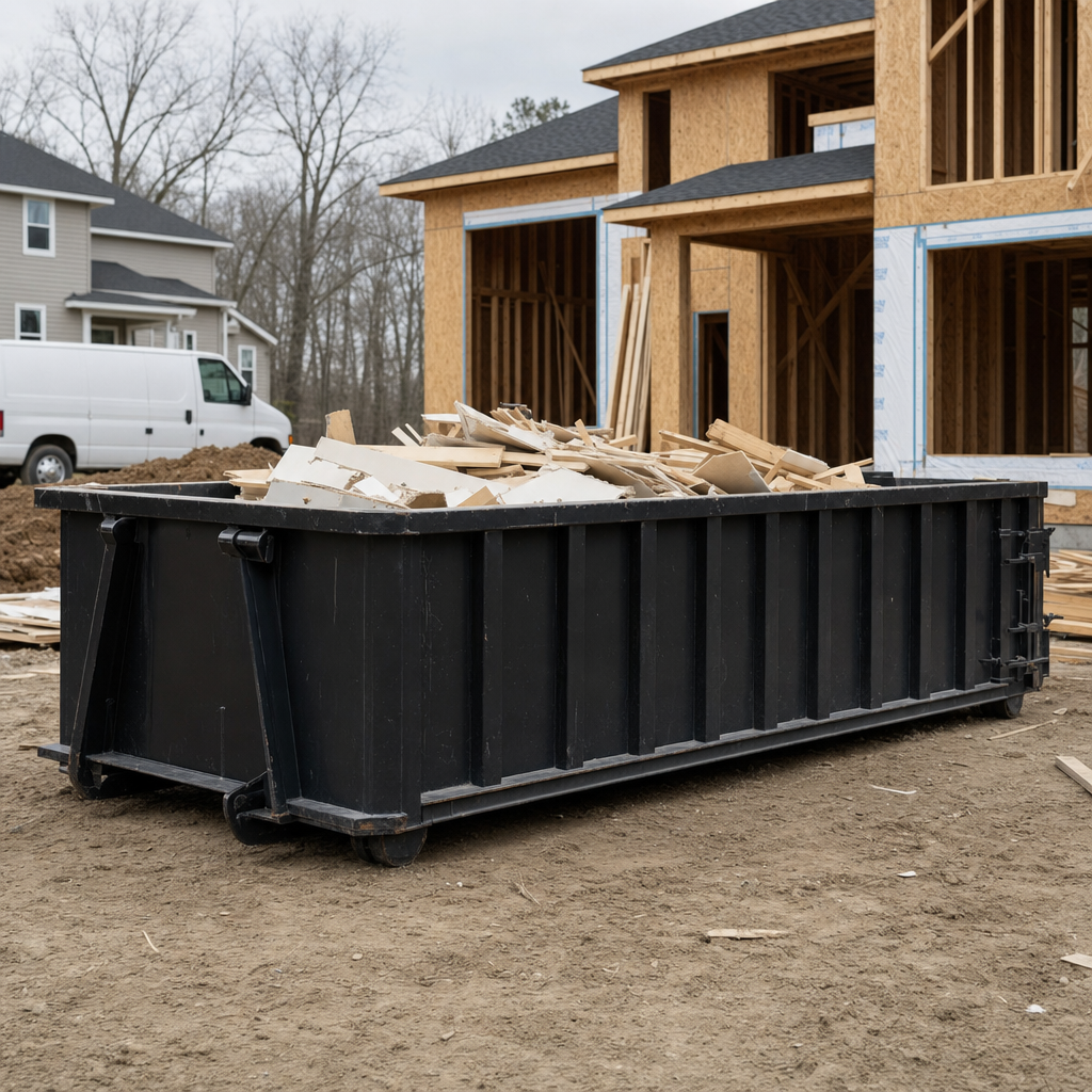 Worker in a yellow high-visibility vest tossing framing lumber and broken drywall into a matte-black 30-yard construction roll-off dumpster on an active build site in Saginaw, bright daylight
