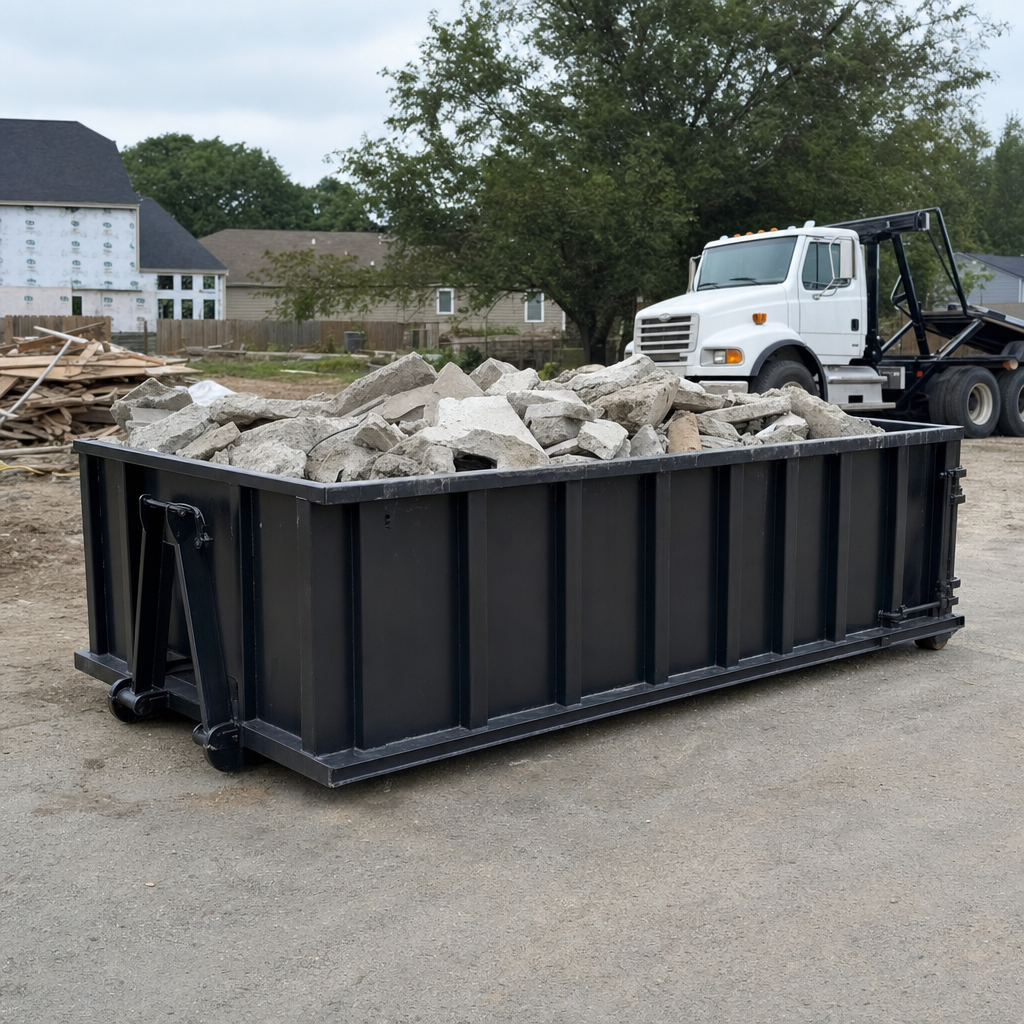 Low-profile matte-black lowboy roll-off dumpster loaded with broken concrete slab and rebar at a foundation tear-out in Saginaw, skid steer parked beside it, sunny Colorado morning