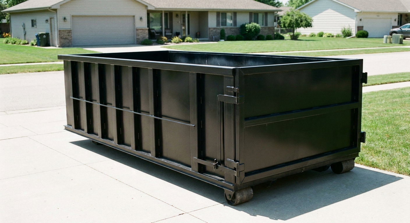 Matte-black 10-yard roll-off dumpster on a residential concrete driveway in Saginaw, uniformly painted matte black across every panel and rail, ribbed steel sidewalls and rear swing door visible, mid-day daylight.