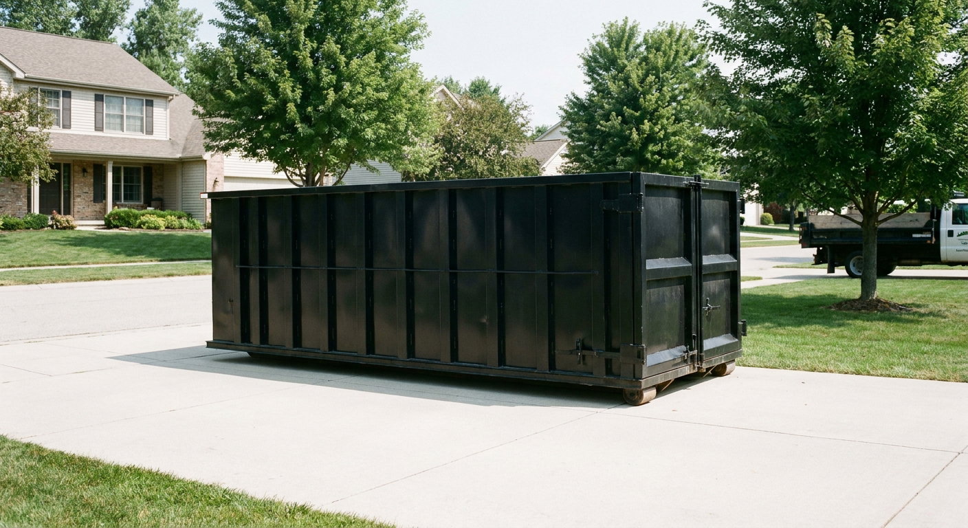 Matte-black 20-yard roll-off dumpster sitting level on a clean Saginaw residential concrete driveway under bright daylight, demonstrating clean placement directly on the concrete.
