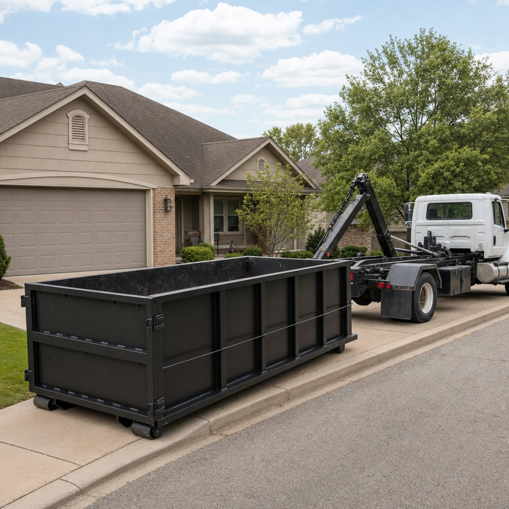 Wide documentary shot of a matte-black roll-off dumpster on a Saginaw residential driveway in the foreground and a contractor jobsite container in the soft-focus background, bright daylight, calm and orderly composition.