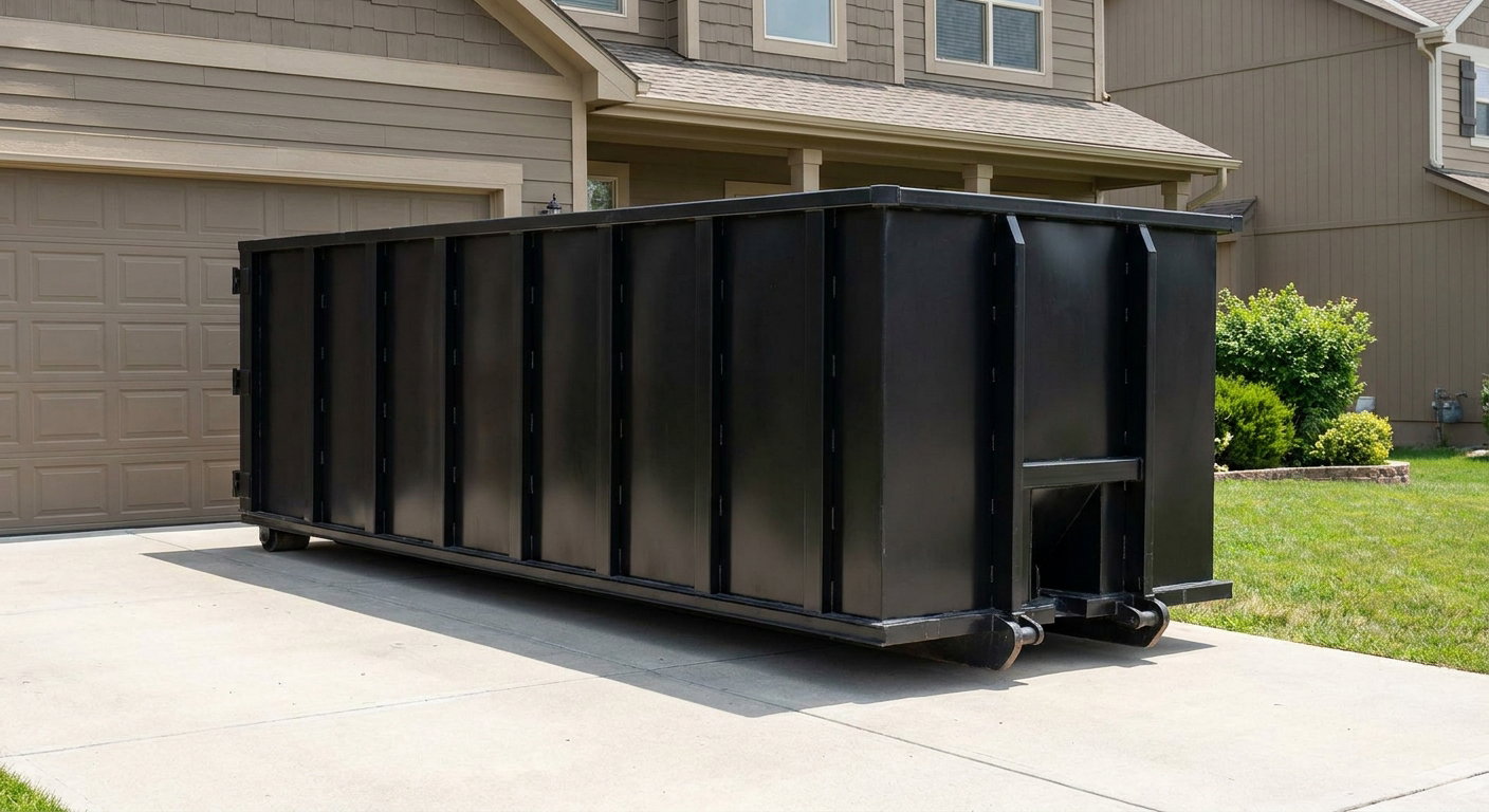 Matte-black residential roll-off dumpster sitting directly on a suburban Saginaw concrete driveway, garage door closed, single-family home in background, bright morning daylight.