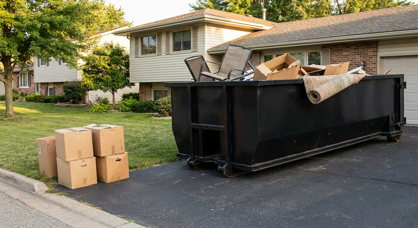 Front-yard view of a Saginaw split-level home with a 20-yard matte-black roll-off dumpster sitting directly on the asphalt driveway, a few clearly labeled donation boxes staged at the curb, calm sunny afternoon.