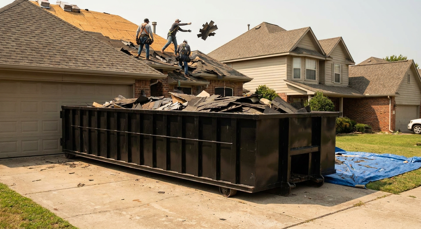 Matte-black roofing roll-off dumpster placed directly on a Saginaw residential concrete driveway, a tear-off crew on a two-story asphalt-shingle roof tossing shingle bundles into the low-walled container, bright daylight, documentary 35mm perspective.