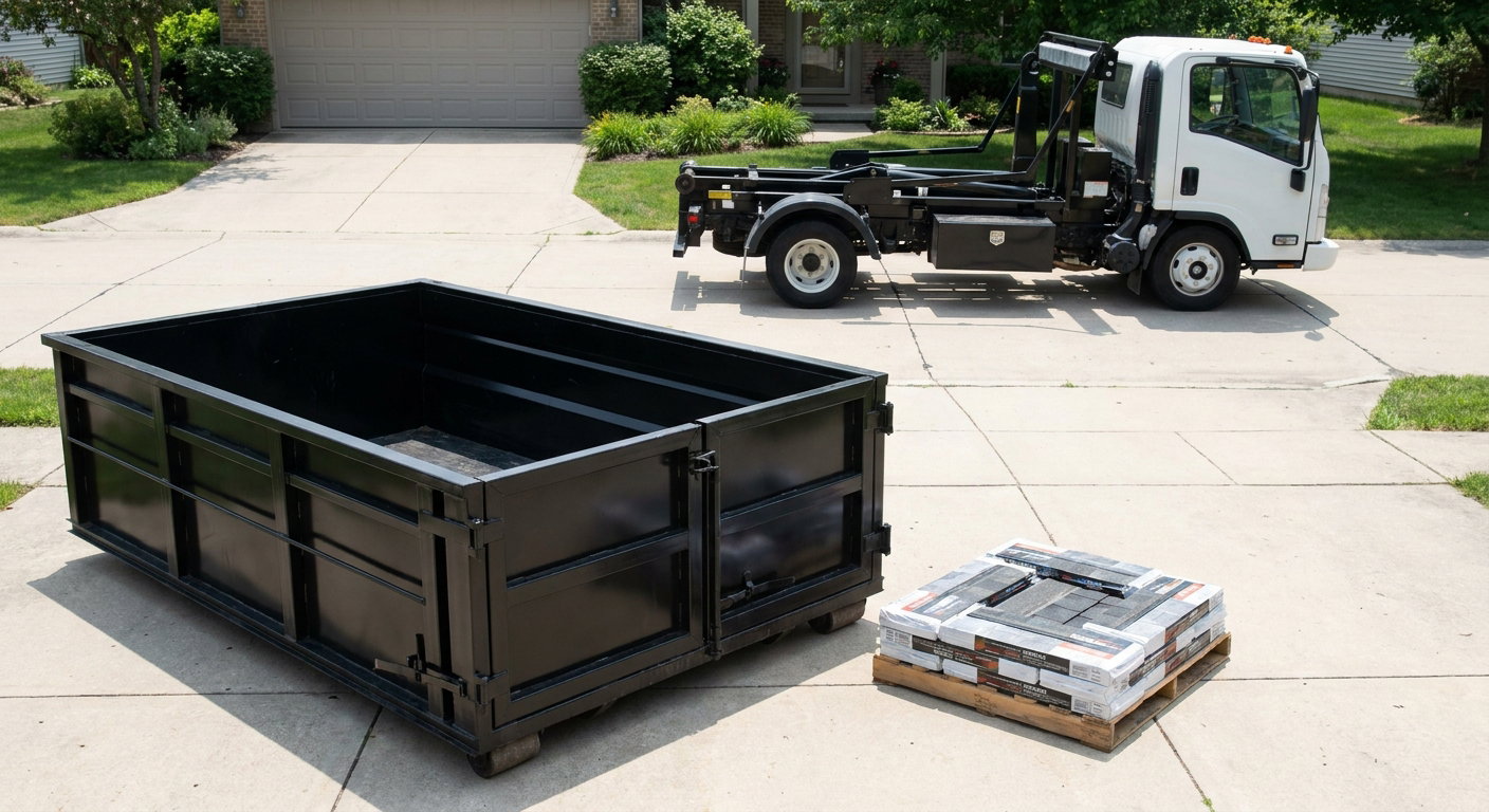 Matte-black 15-yard roofing roll-off dumpster with reinforced low side walls sitting directly on a Saginaw residential concrete driveway, three-tab asphalt shingle bundles stacked nearby, an unmarked white hauler truck partially visible at the edge of the frame.