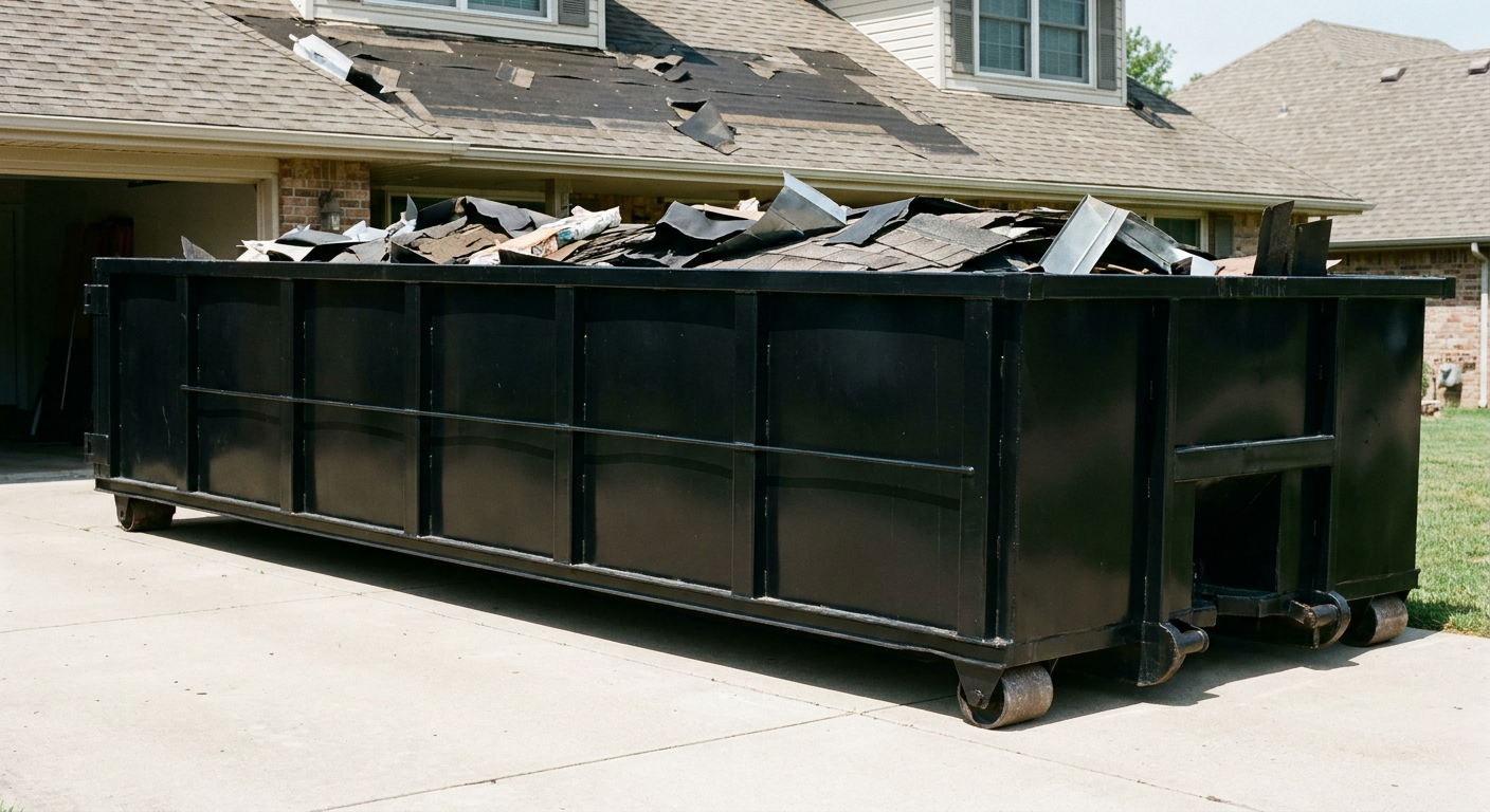 Matte-black 20-yard roofing roll-off dumpster with steel ribbed sides and swinging rear door, sitting directly on the concrete driveway of a two-story Saginaw home, asphalt shingle debris being loaded over the low wall, clean documentary lighting.