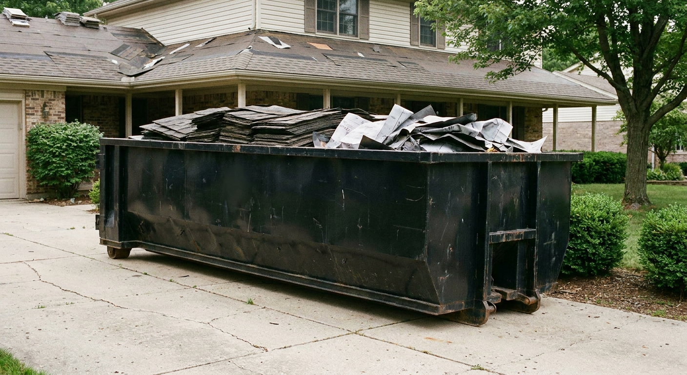 Matte-black 30-yard roofing roll-off dumpster sitting directly on a Saginaw concrete driveway, taller ribbed steel side panels, mixed tear-off debris of asphalt shingles and underlayment inside, professional documentary daylight.