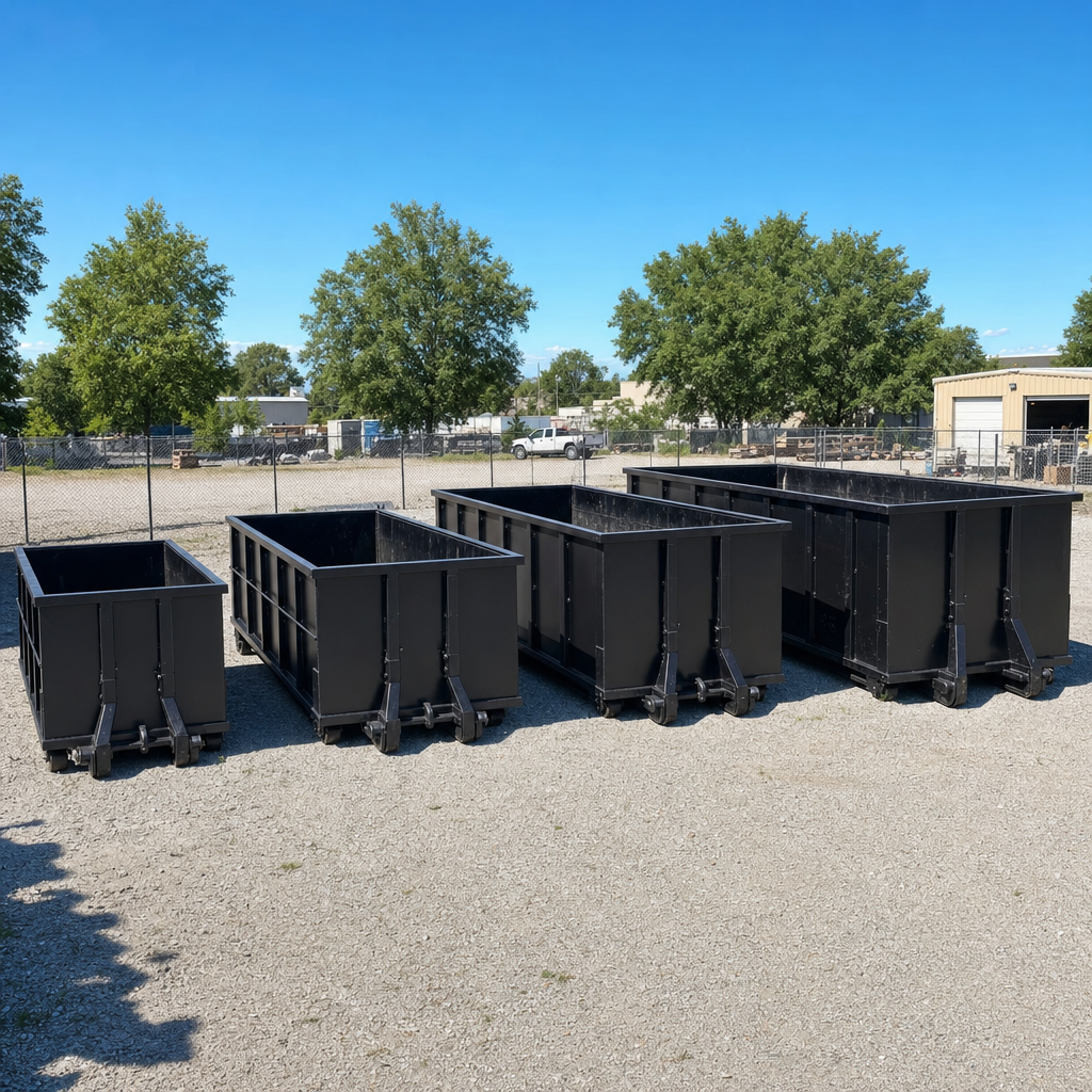 A clean lineup of matte-black roll-off dumpsters in 10, 20, 30, and 40-yard sizes staged on a sunlit gravel yard in Saginaw, showing the size progression from compact to commercial-scale containers.