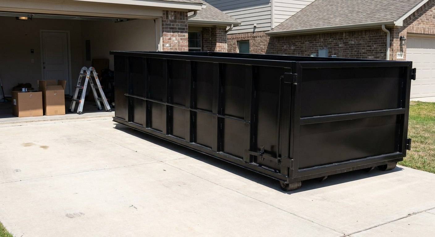 A matte-black 10-yard roll-off dumpster sitting directly on a residential Saginaw concrete driveway, mid-day sunlight, clean and ready for a garage cleanout.