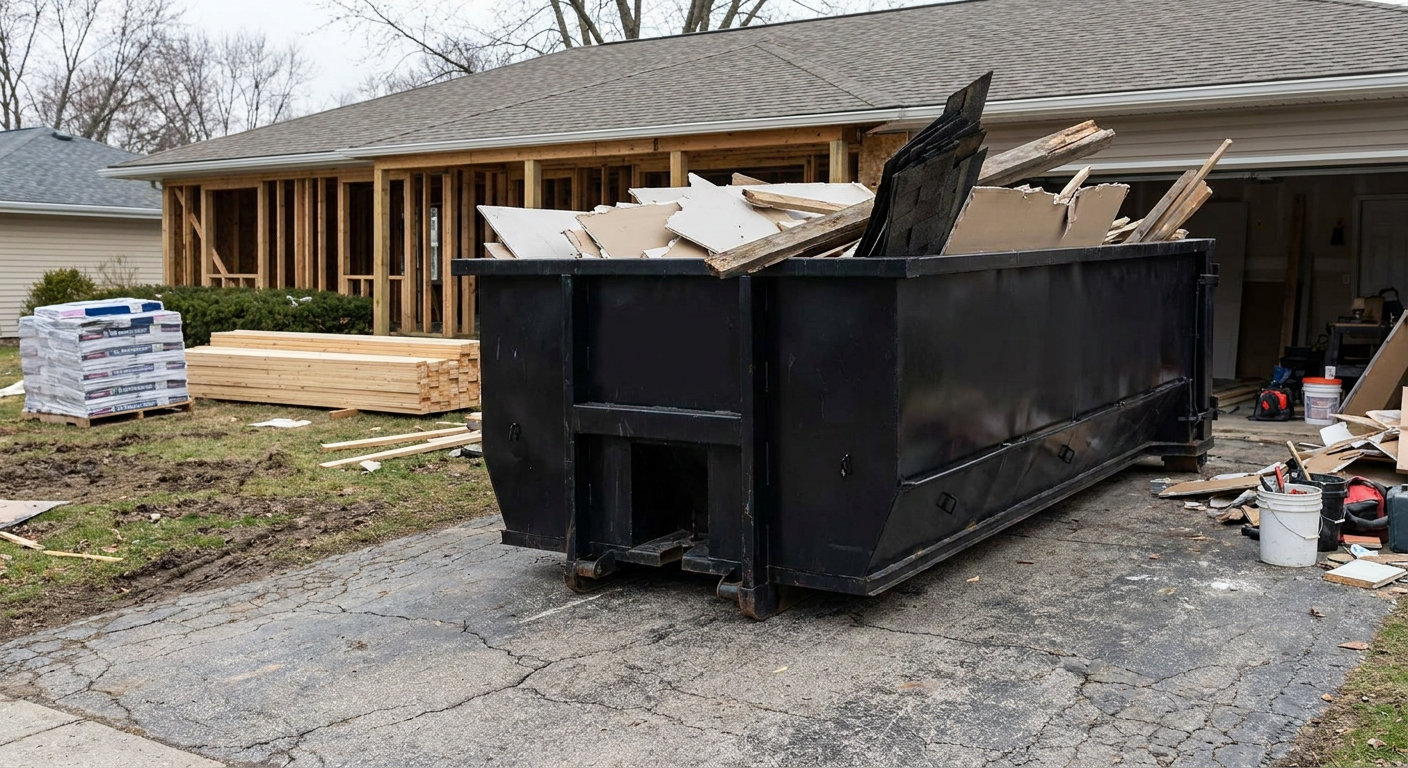 A matte-black 20-yard roll-off dumpster placed alongside a mid-renovation Saginaw home directly on the asphalt driveway, with framing materials and torn-off shingles staged neatly nearby.