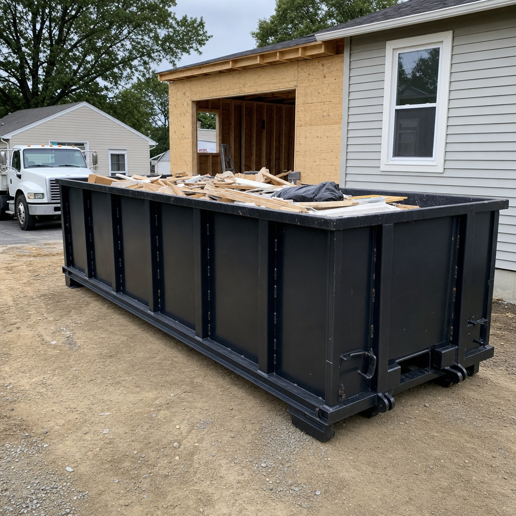 A matte-black 30-yard roll-off dumpster positioned at a Saginaw residential addition jobsite, with framing lumber and drywall scraps loaded through the open swinging rear doors.