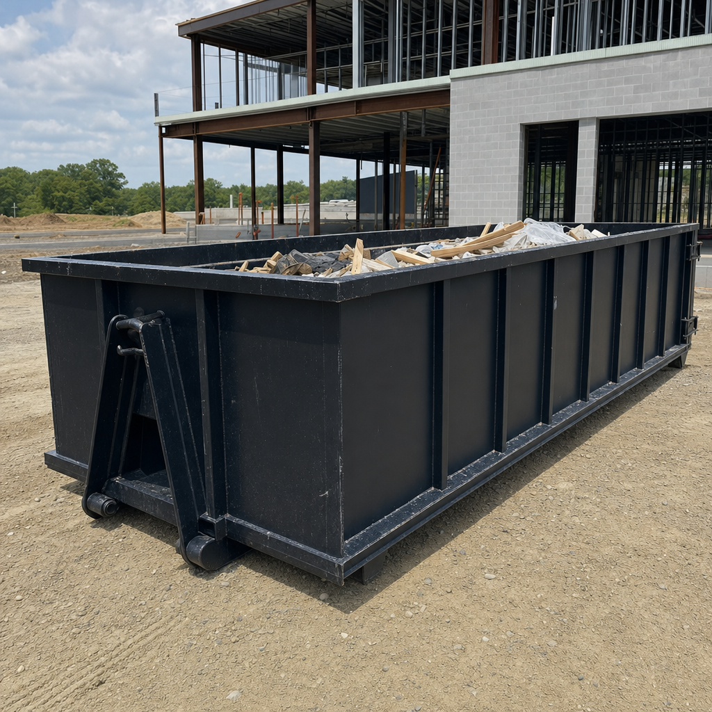 A matte-black 40-yard roll-off dumpster staged on a large Saginaw commercial construction lot, with a hooklift delivery truck parked alongside under bright midday sky.