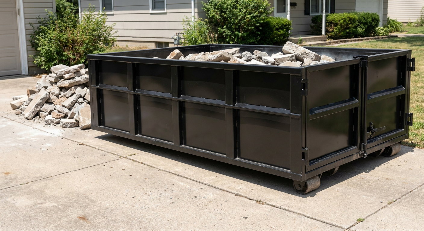 A matte-black low-side heavy-debris roll-off dumpster placed directly on a Saginaw concrete driveway, with broken concrete chunks neatly stacked beside it under clean daylight.